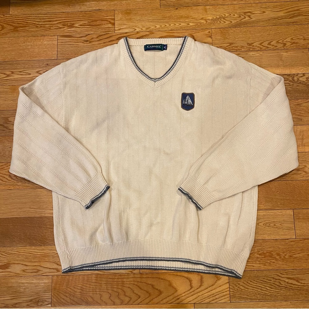CARMEL Vintage V-Neck Knit XL Sweater Ship Nautical Long Sleeve Made In USA Golf